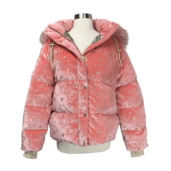 JOCELYN Eye Candy Velvet Puffer Coat | Fox Fur Gold Stars Medium Barbie Pink - Picture 15 of 15
